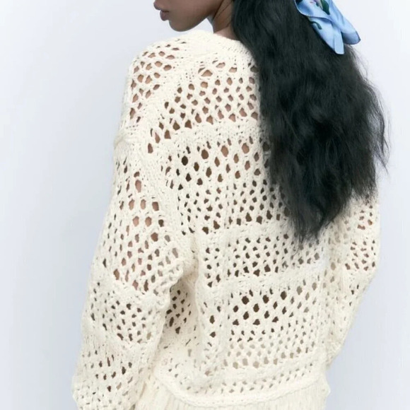 Zara Open Knit Sweater With Fringing Ecru White Size Small - Picture 3 of 8